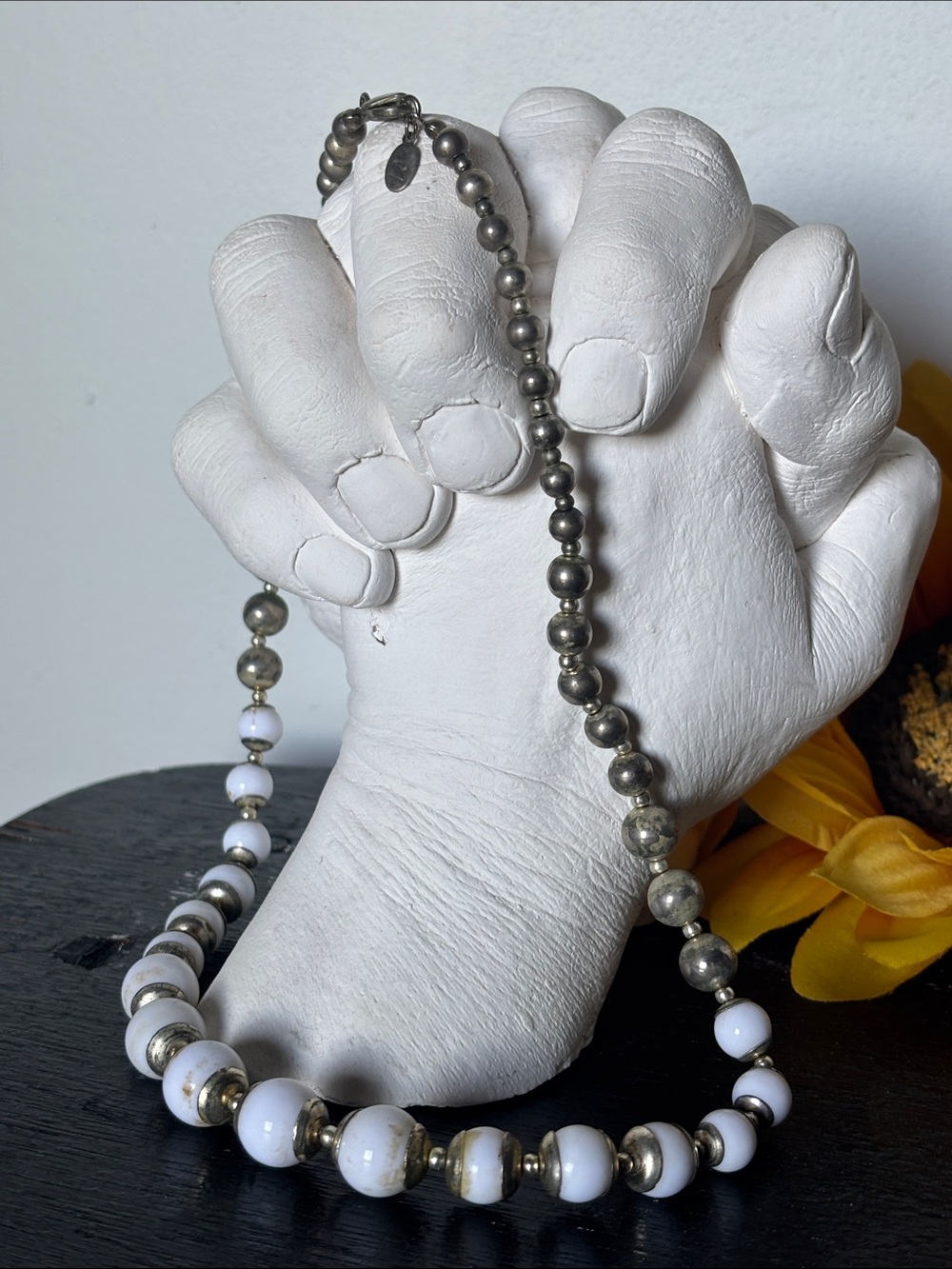 Vintage Liz Claiborne Necklace with White and Silver Patina Beads